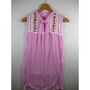 Vintage 60s Embroidered Keyhole Babydoll Nightgown Medium Pink Satin Nylon